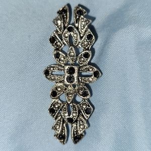 Antique Vintage Silver Brooch Victorian Marcasite Black Obsidian Rhinestones
